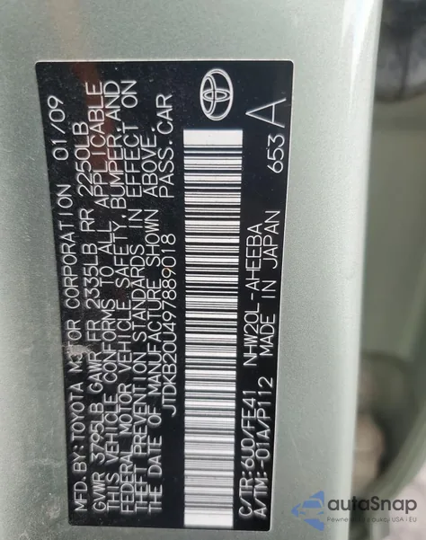 2009 Toyota Prius from USA, damaged, VIN JTDKB20U497889018